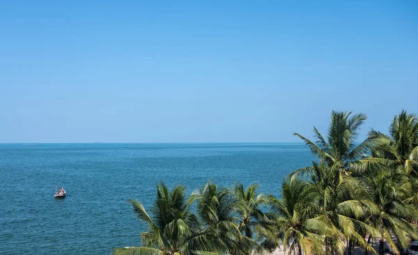 Tropické moře s modrou oblohou a kokosovými stromy — Stock fotografie