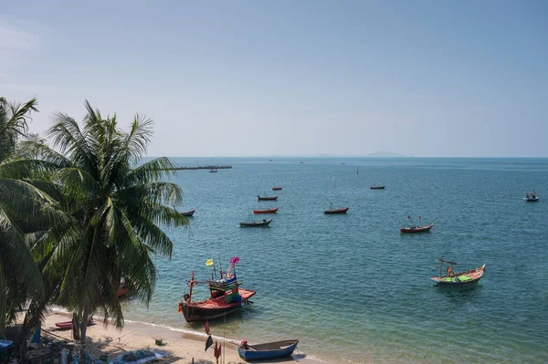 Hindistan cevizi ağaçları ve balıkçı teknesi olan tropik bir deniz.