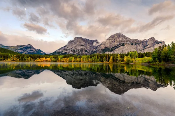 Canadian rockies with the moon reflection on Wedge pond in the m — Stock Photo, Image