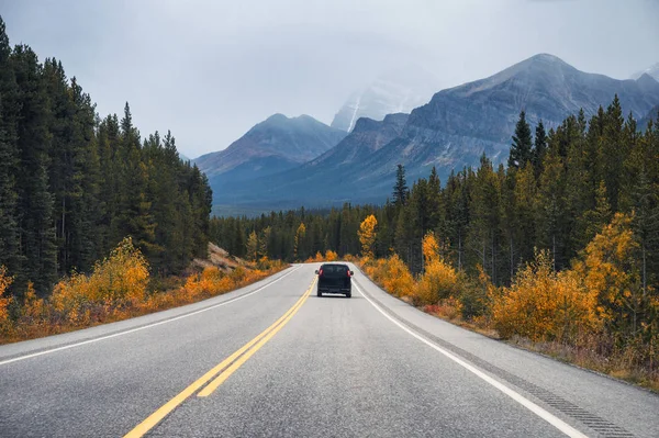 Scenic road trip with rocky mountain and rear car in autumn fore