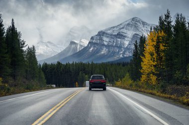 Kanada 'nın Banff milli parkında sonbahar ormanlarında kayalık dağlarla otoyolda yolculuk