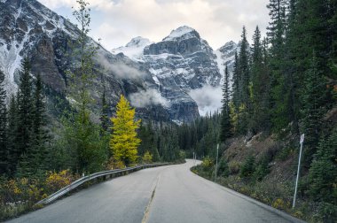 Sonbahar ormanlarında kayalık dağlarla otoyolda giderken Moraine Gölü, Alberta, Kanada