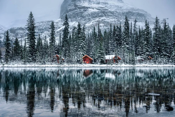 Baita Legno Nella Pineta Con Forte Riflesso Nevoso Sul Lago — Foto Stock