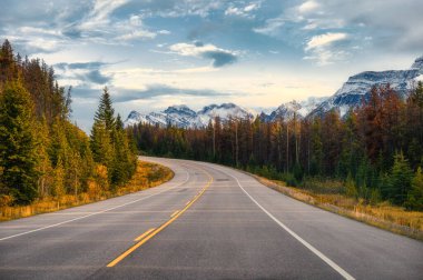Scenic road trip with rocky mountain in autumn forest at Icefields Parkway, Canada clipart