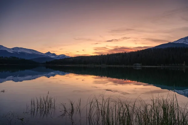 Lago Patricia Com Gama Montanhas Pinhal Reflexão Pôr Sol — Fotografia de Stock