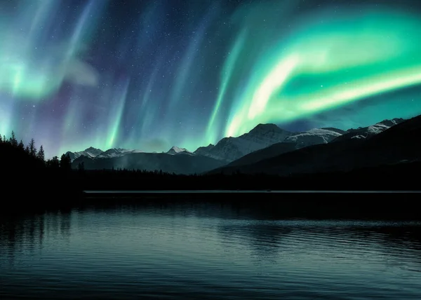 Aurora Borealis, Kuzey Işıkları Kanada 'daki Jasper Ulusal Parkı' ndaki Piramit Gölü 'ndeki Kanada Kayalıkları üzerinde