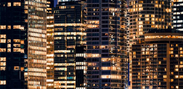 Panorama Facade Windows Illuminated Modern Skyscraper Office Building Night — Stock Photo, Image