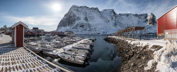 Lofoten Szigetek Panorámája Halászfaluval Hajókkal Télen Norvégiában — Stock Fotó