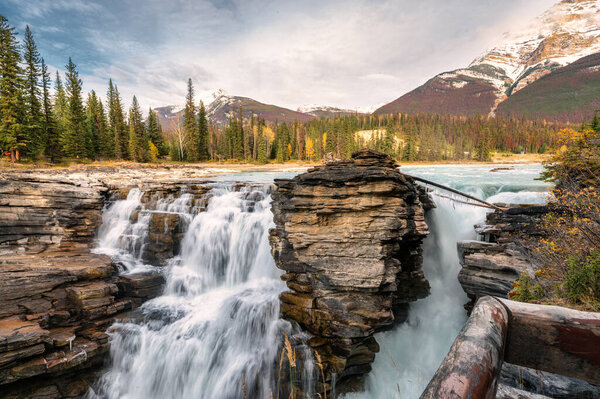 Athabasca falls rapids flowing is waterfall in Jasper national park, Alberta, Canada