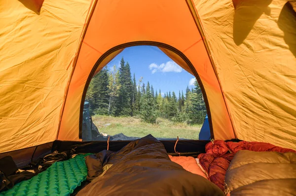 Camping Traveler Stretching Legs Sleeping Bag Orange Tent Pine Forest — Stock Photo, Image
