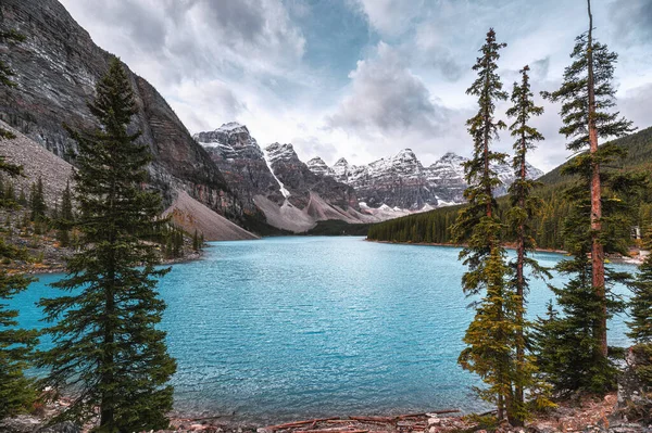 Lago Moraine Com Roqueiros Canadenses Pinheiros Parque Nacional Banff Alberta — Fotografia de Stock