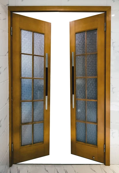 Geöffnete Holztür Mit Glas Und Griff Marmorwand — Stockfoto