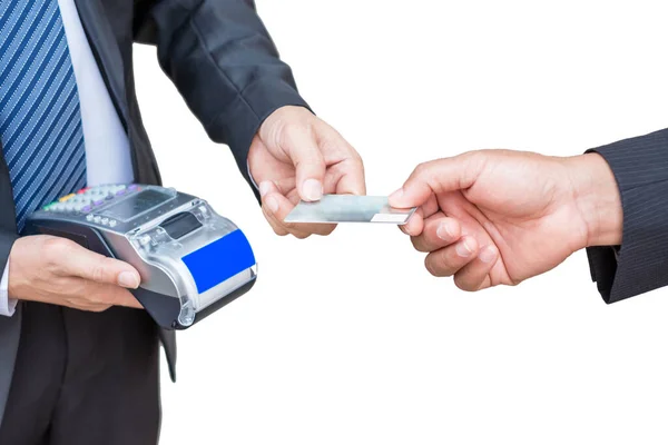 Empresario Está Aceptando Tarjeta Crédito Del Cliente Mediante Pago Través — Foto de Stock