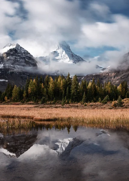 Mount Assiniboine Met Herfstbos Reflectie Het Meer Magog Provinciaal Park — Stockfoto