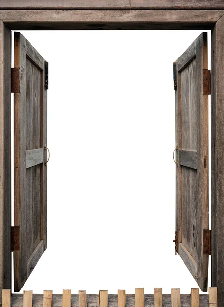 白色背景上敞开的老式木制窗户 — 图库照片
