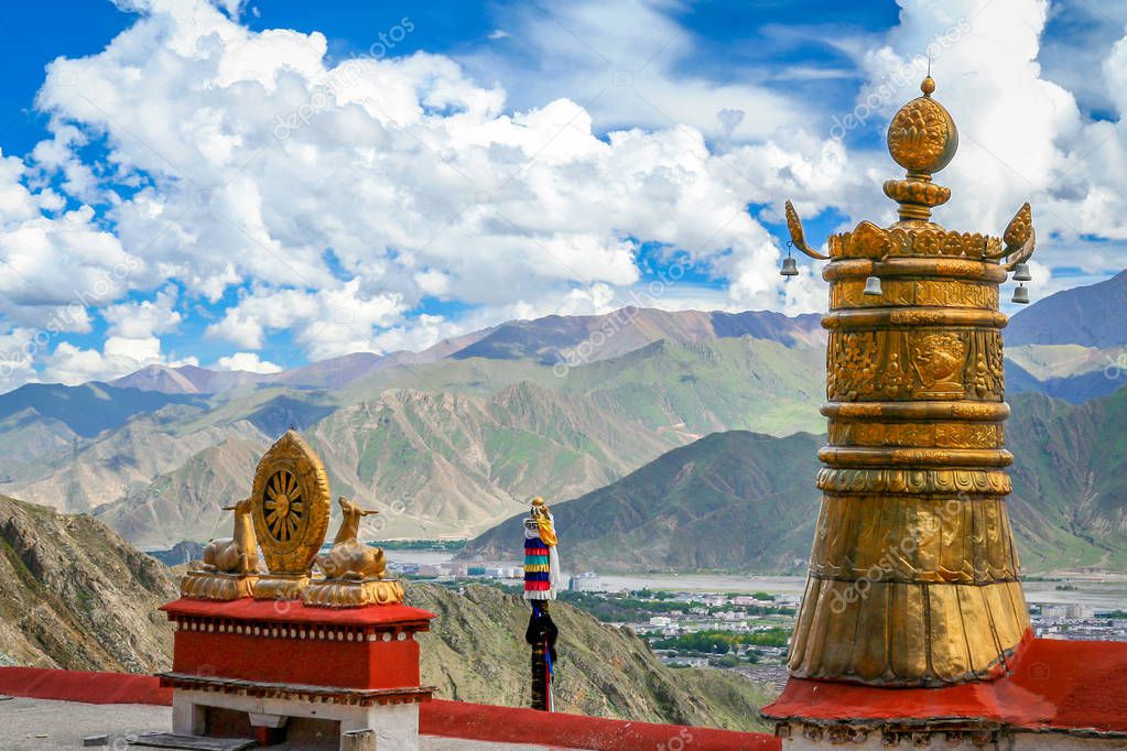 The golden deer and the dharma wheel in tibetan monastery