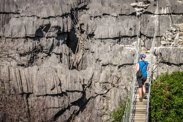 Tourist on the famous hanging bridge of Ankarana — Stock Photo, Image