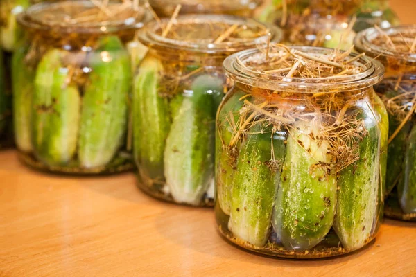 Pickling Cucumbers in glass jars — Stock Photo, Image