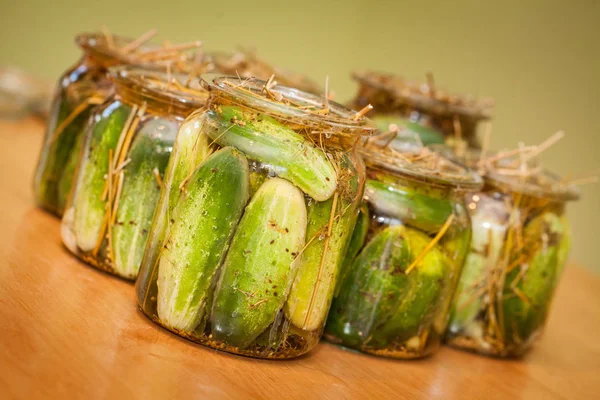 Pickling Cucumbers in glass jars — Stock Photo, Image