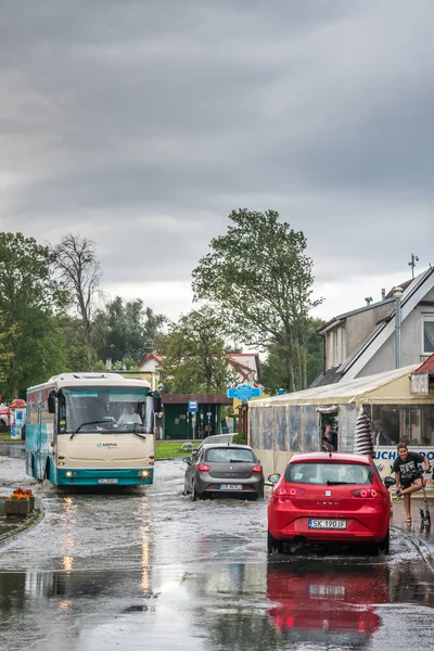 Otobüs ve otomobil su dolu bir cadde üzerinde