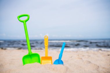 Üç renkli oyuncak kürek sahilde