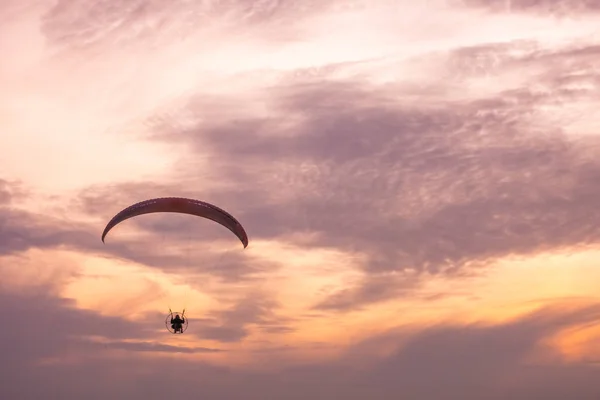 Paraglider flying over the beach at dusk — Stock Photo, Image