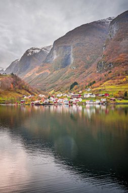 Bir Fiyordu kıyısında küçük evler 