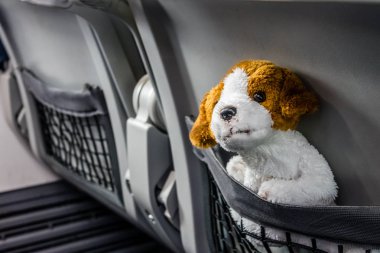 Küçük sevimli yumuşak oyuncak köpek maskotu bir uçakta seyahat 