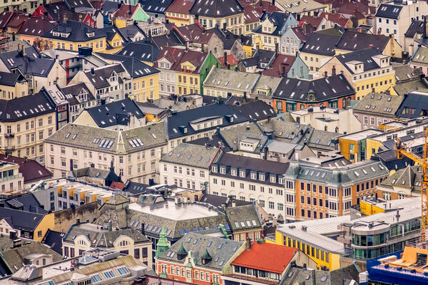 Colorful houses in Bergen town as seen from the top of Mount Floyen, Norway