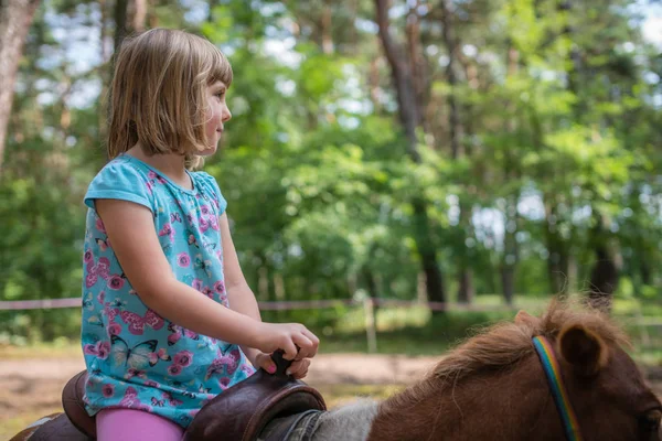 Petite fille mignonne chevauchant un poney — Photo