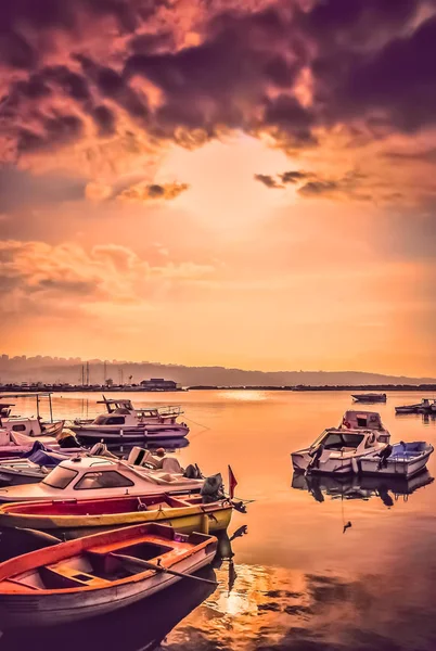 Colorful wooden fishing boats at dusk — Stock Photo, Image