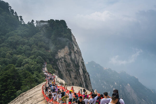 Crowds on a ridge at West Peak in Huashan mountain