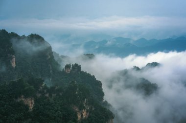 Alçak bulutlar Tianzi dağlarının Zhangj 'daki taş sütunlarını yutuyor.