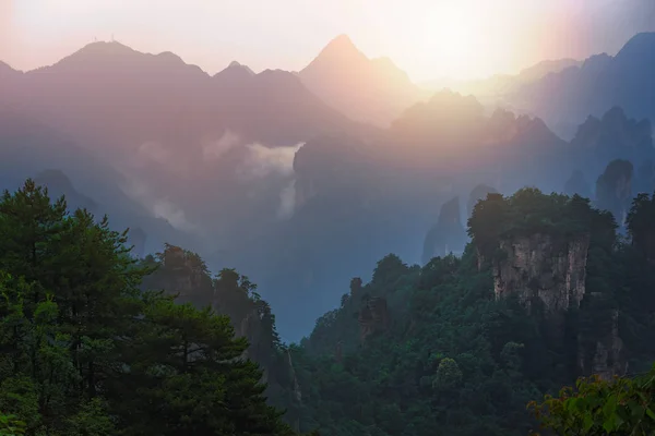 Słońce świecące nad kamiennymi filarami gór Tianzi — Zdjęcie stockowe