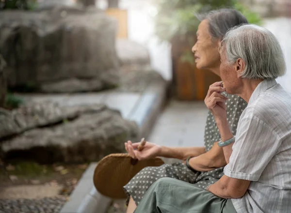 Dois idade aposentado chinês ásia mulheres sentado no um parque — Fotografia de Stock