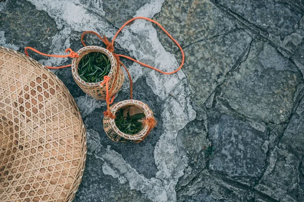 Folhas de chá verde recém-recolhidas em taças de vime — Fotografia de Stock