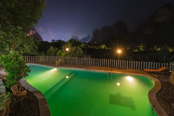 Yangshuo China August 2019 Small Swimming Pool Empty Illuminated Night — Stock Photo, Image