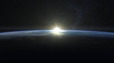 Sunrise over the Earth. The sun slightly above the horizon. View from space. 3D render. clipart