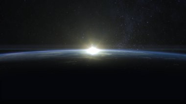 Dünya üzerinde güneş doğuyor. Güneş ufukta görünür. Uzaydan görüntüleyin. 3D render. NASA.