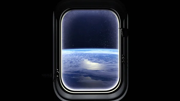 Der Flug des Raumschiffs über die Erde. Erdumlaufbahn wie durch Fenster des Raumschiff, Weltraum, Erde, zu sehen. 3D-Rendering. NASA. — Stockfoto