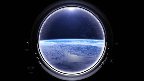 Flight Of The Space Station Above The Earth. International space station is orbiting the Earth. Earth as seen through round window of ISS. Realistic atmosphere. Starry sky. Stars. NASA.