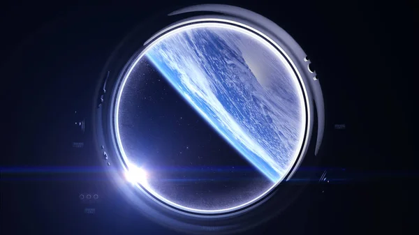 Nascer do sol sobre a terra. Terra, como pode ser visto através da janela da nave espacial. Atmosfera realista. Volumétricas nuvens. Vista do espaço. Céu estrelado. Espaço, terra, órbita, a Nasa. renderização 3D. — Fotografia de Stock