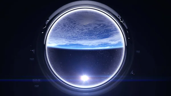 Jorden genom fönstret hyttventil. Solen i fönstret i rymdfarkoster. Flygningen av spaceshipen över jorden. Realistisk atmosfär. Volymetriska moln. Stjärnhimmel. NASA. 3D-rendering. — Stockfoto