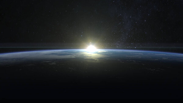 Sunrise over the Earth. The sun slightly above the horizon. View from space. 3D render.