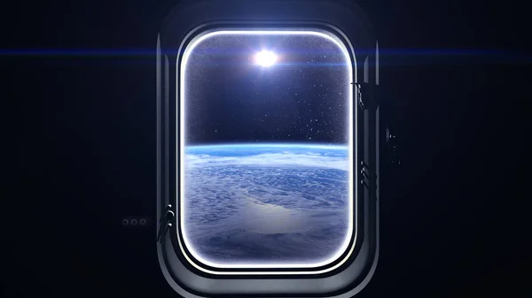 宇宙船の窓の太陽。スペースからの眺め。地球上の日の出。宇宙、地球、軌道、Nasa。3 d レンダリング ロイヤリティフリーのストック画像
