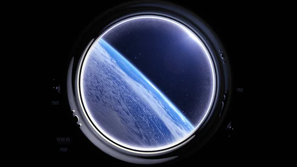 Una vista della terra da attraverso l'oblò di una nave spaziale. Stazione spaziale internazionale è orbita intorno alla terra. Spazio, terra, orbita, Iss, Nasa. rendering 3D. Immagine Stock