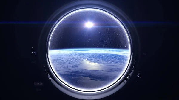 Vuelo de la estación espacial sobre la tierra. Estación espacial internacional está orbitando la tierra. Tierra vista a través de la ventana redonda de la Iss. El sol en la ventana de la nave espacial. Render 3D. NASA. Imágenes De Stock Sin Royalties Gratis