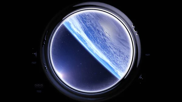 Stazione di spazio sopra la terra. Stazione spaziale internazionale è orbita intorno alla terra. Terra come visto attraverso la finestra rotonda della Iss. Realistico. Nuvole volumetriche. Mostra dal rendering space.3d. NASA. Foto Stock