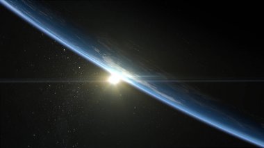 Dünya üzerinde güneş doğuyor. Güneş ufukta görünür. Dünya ufku doğru çıktı. Uzaydan görüntüleyin. 3D render. NASA.