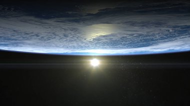 Dünya üzerinde güneş doğuyor. Güneşin dünyanın ufku yukarıda. Dünyayı yukarıdan. Gerçekçi atmosfer. Hacimsel bulutlar. Uzaydan görüntüleyin. 3D render. NASA.